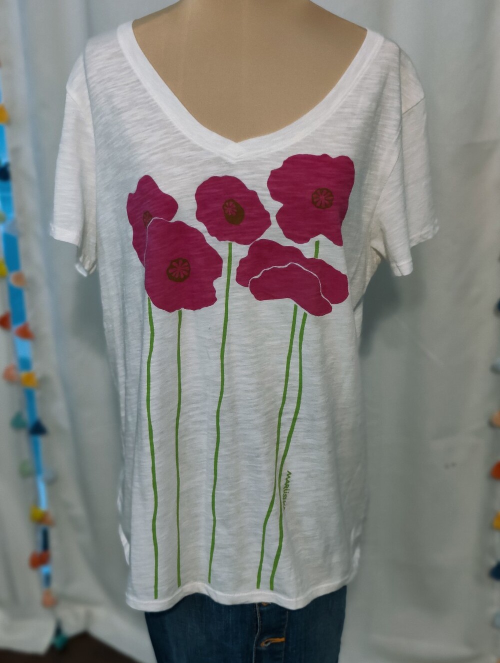 Marushka iconic Poppie Tee Shirt Slub Cotton hand printed wide neckline Oversize